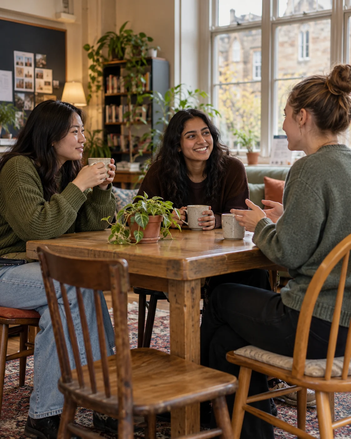 Students chatting over coffee in a UK university common room