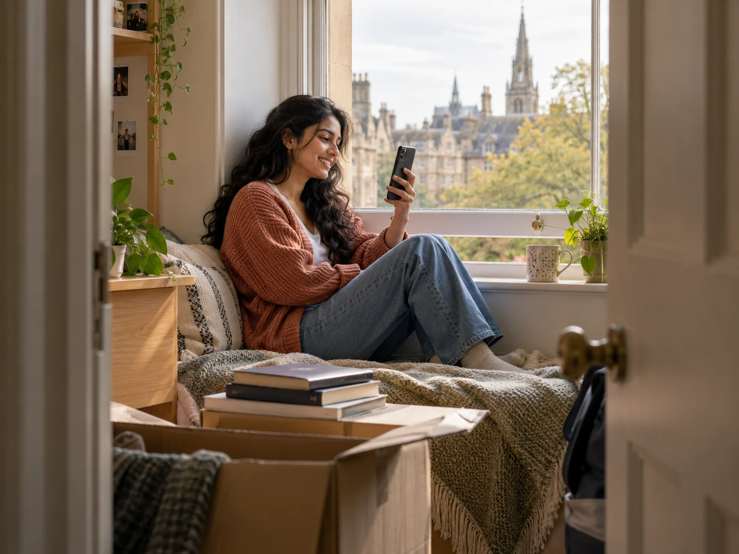 Student from India video-calling family from a bright UK student bedroom