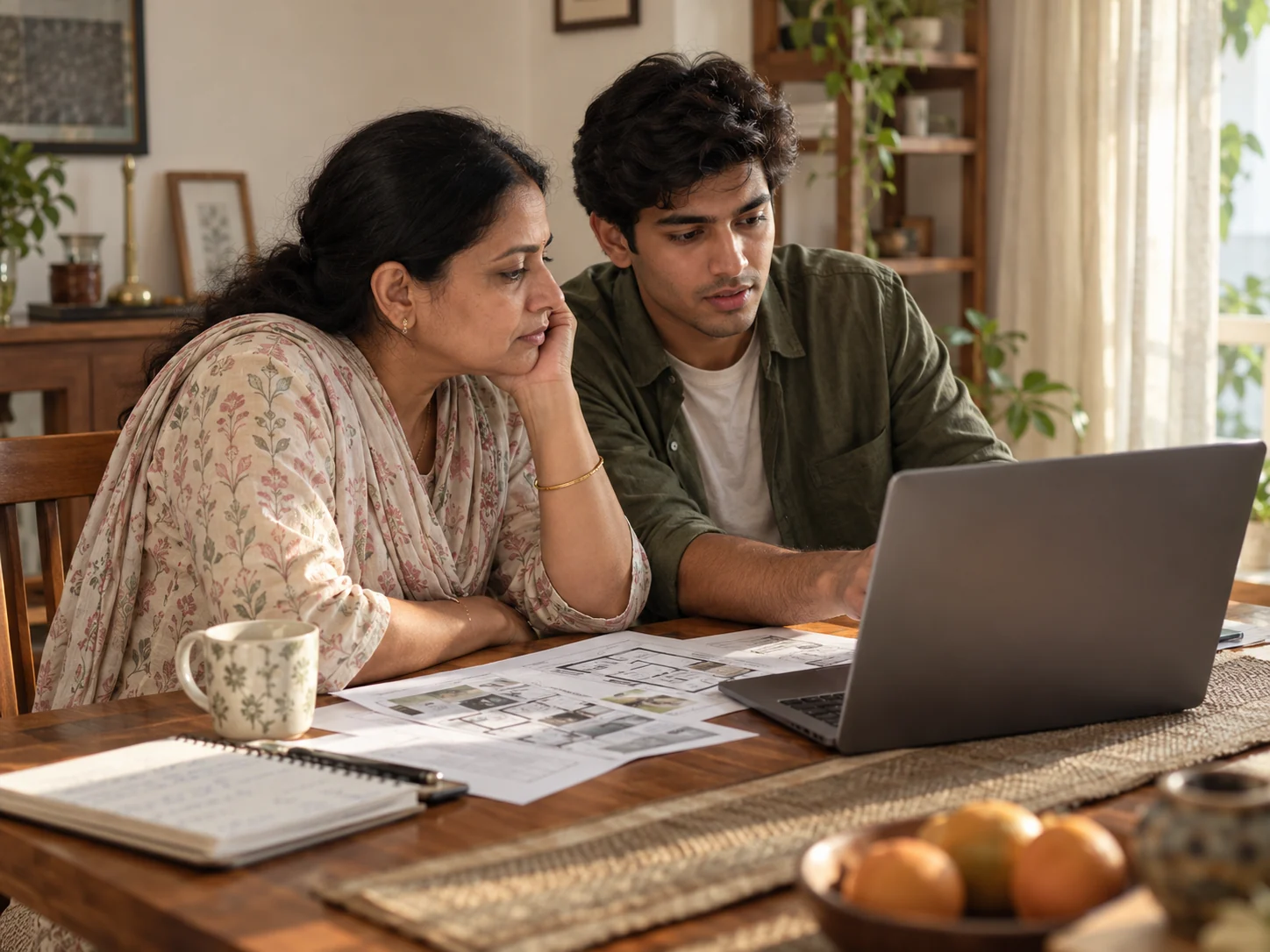 Parent and student reviewing UK accommodation details together on a laptop